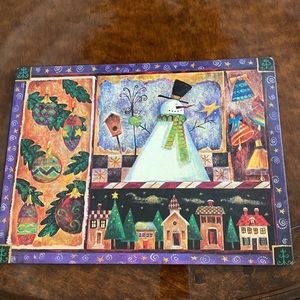 NWT 4 Snowman Place Mats Attached to Cork Board. Think Christmas 2023!